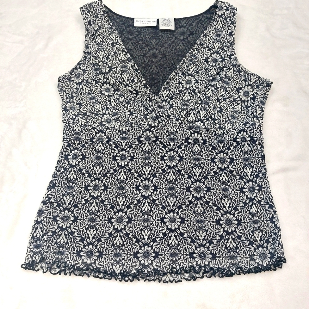 JACLYN SMITH CLASSIC WOMENS VTG BLACK & WHITE FLORAL LETTUCE HEM BABYDOLL TOP L